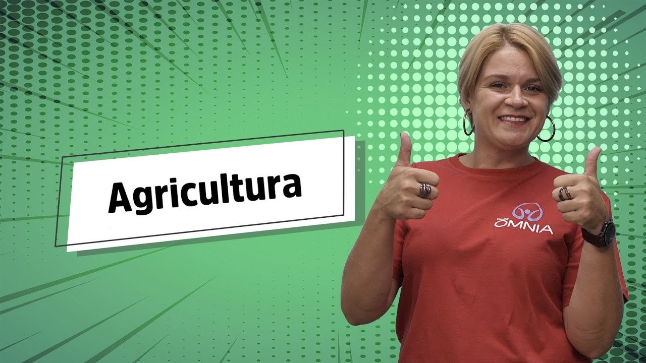 "Agricultura" escrito sobre fundo verde ao lado da imagem da professora