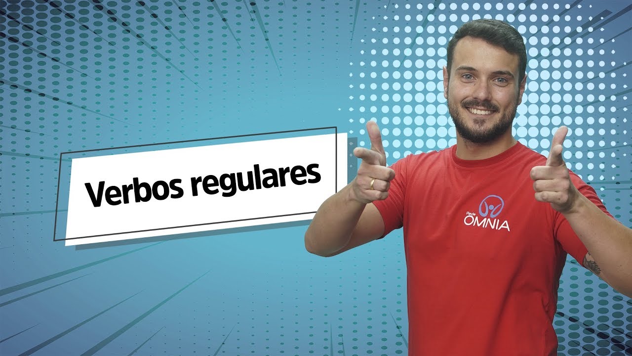 "Verbos regulares" escrito sobre fundo azul ao lado da imagem do professor