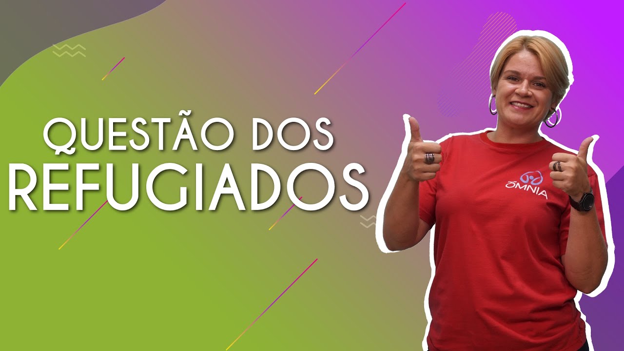 "Questão dos refugiados" escrito sobre fundo colorido ao lado da imagem da professora