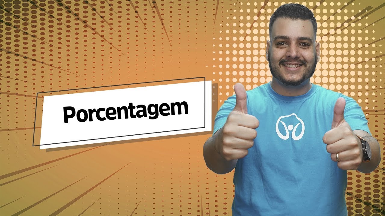 "Porcentagem" escrito sobre fundo laranja ao lado da imagem do professor