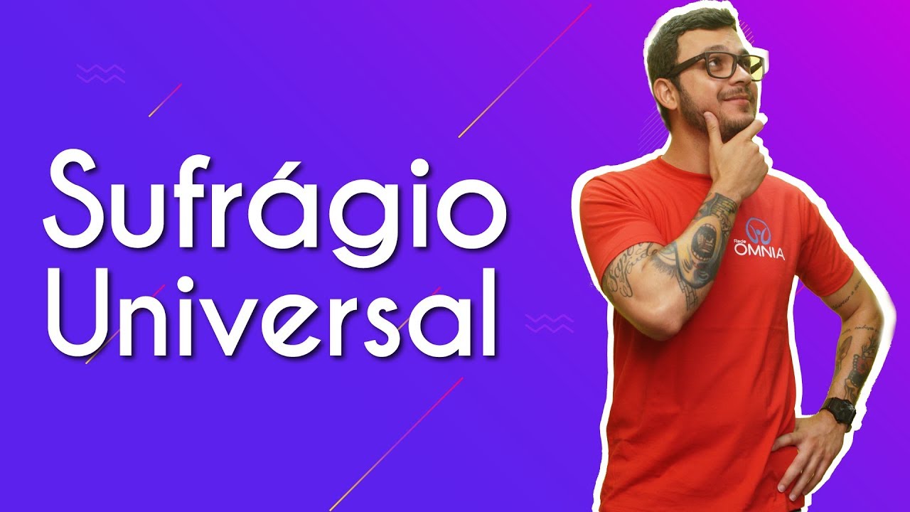 "Sufrágio Universal" escrito sobre fundo roxo ao lado da imagem do professor
