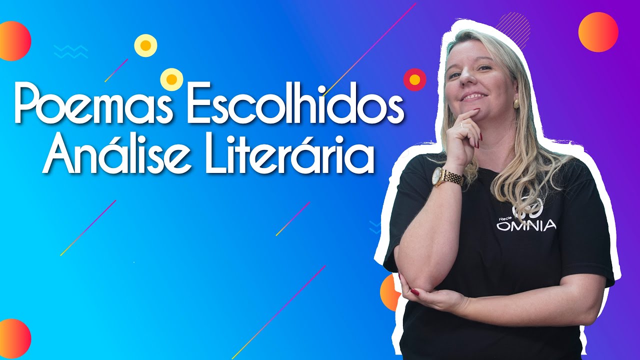 "Poemas Escolhidos | Análise Literária" escrito sobre fundo colorido ao lado da imagem da professora