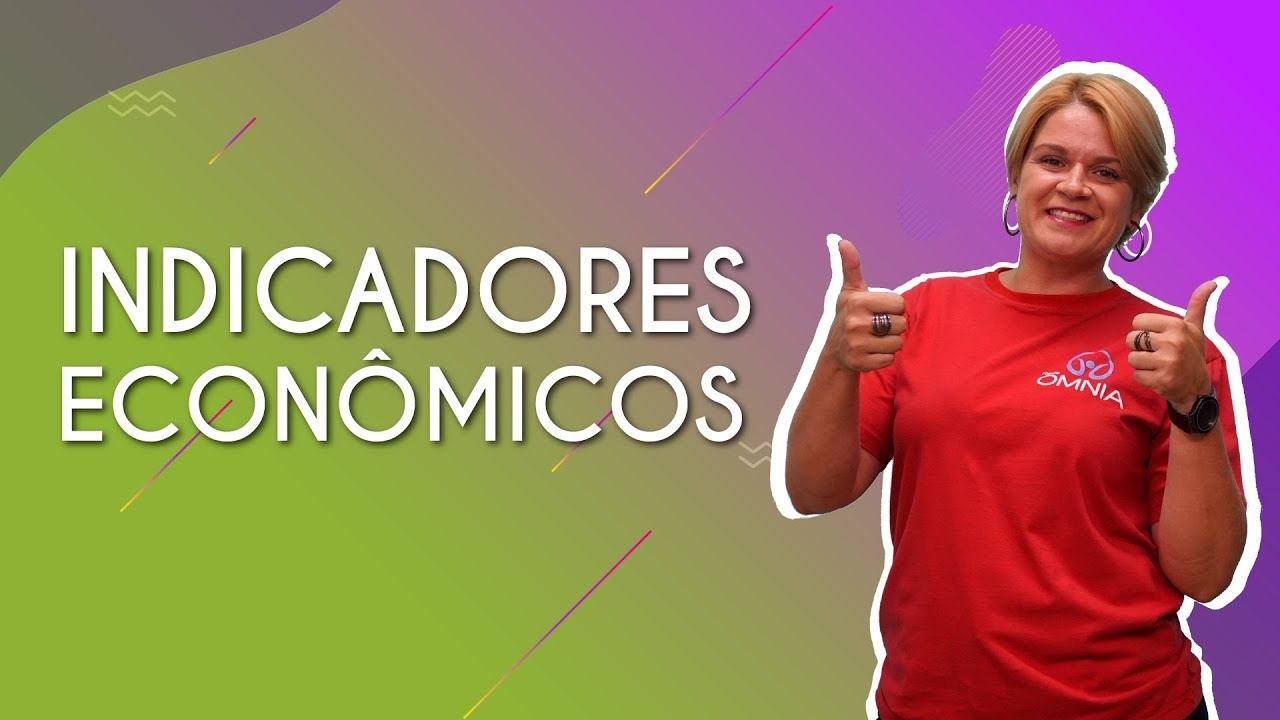 "Indicadores econômicos" escrito sobre fundo colorido ao lado da imagem da professora