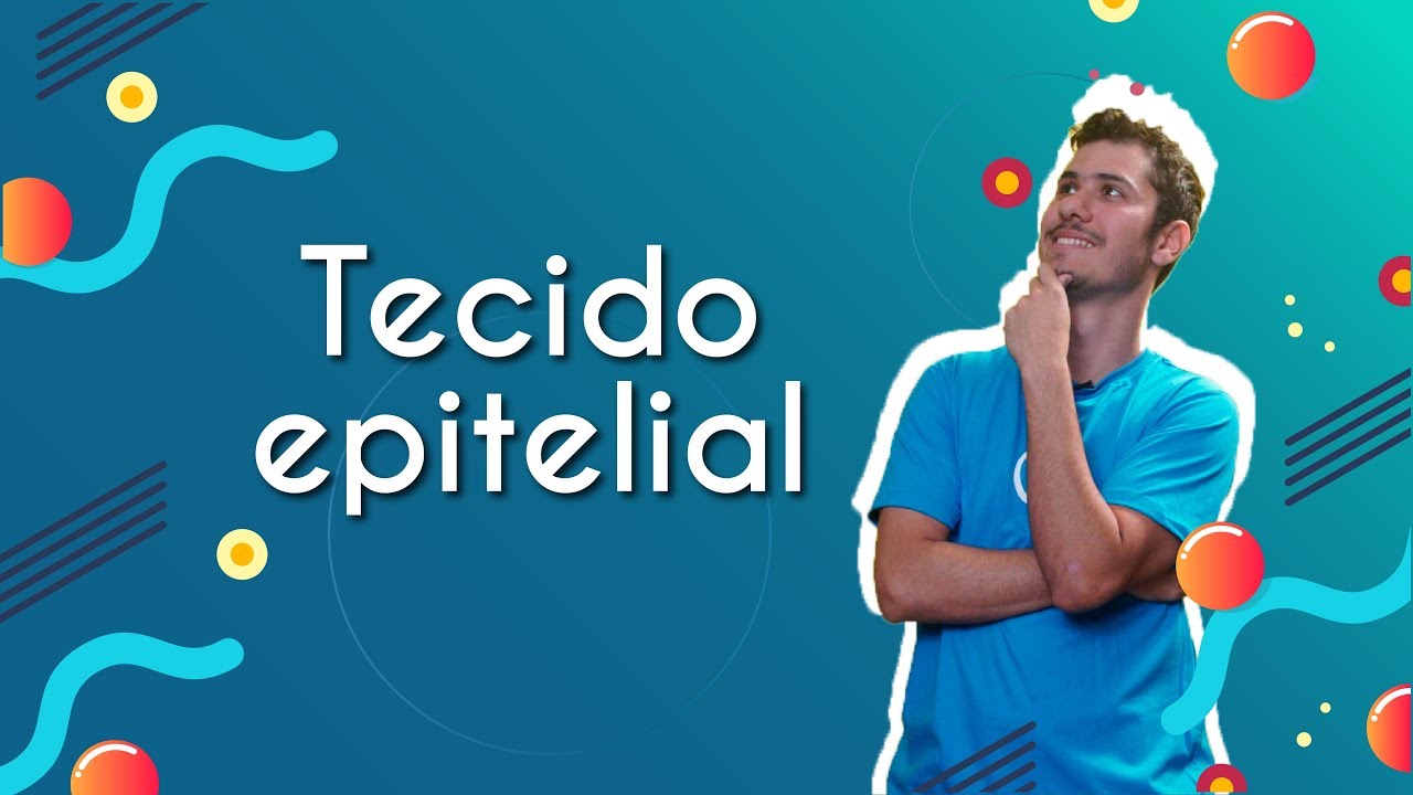 "Tecido Epitelial" escrito sobre fundo azul ao lado da imagem do professor