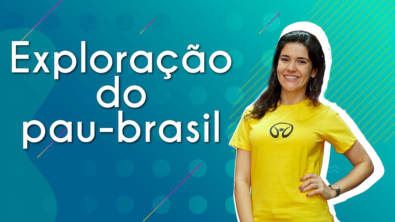 "Exploração do pau-brasil" escrito sobre fundo verde ao lado da imagem da professora