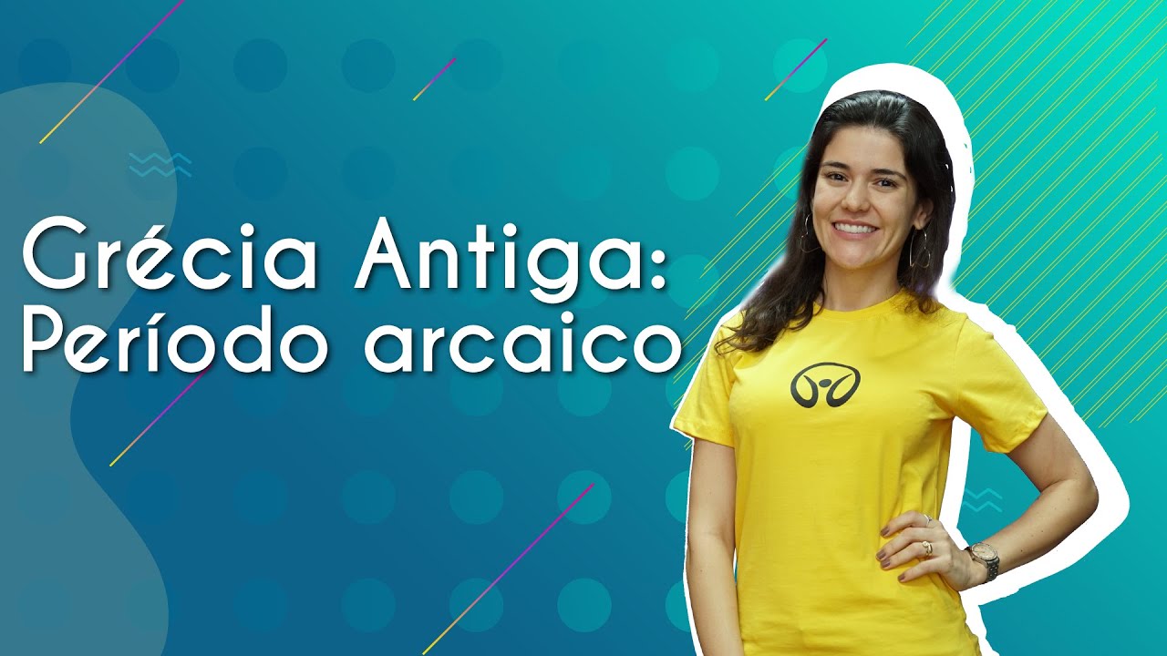 Professora ao lado do texto"Grécia Antiga: Período Arcaico ".