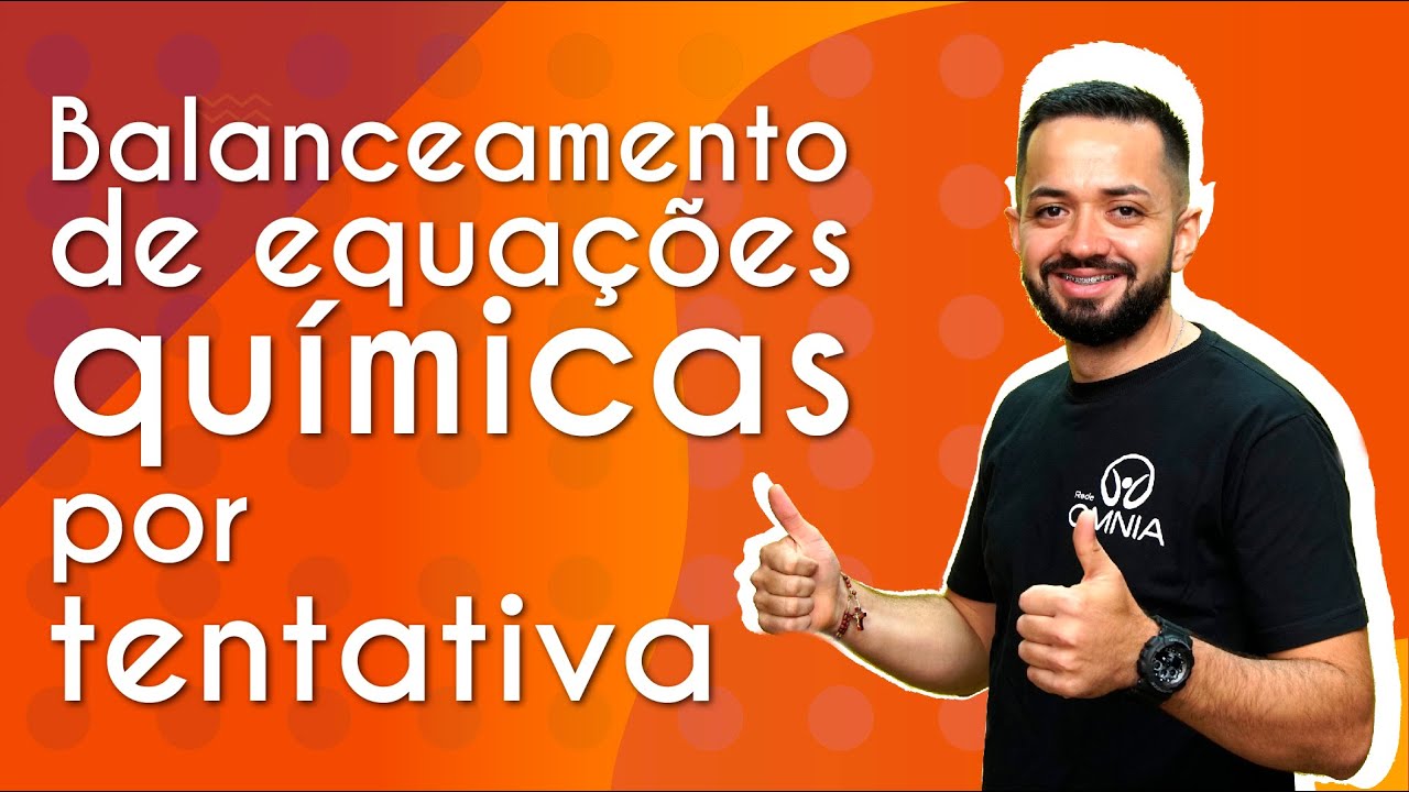 "Balanceamento de equações químicas por tentativa" escrito sobre fundo alaranjado ao lado da imagem do professor