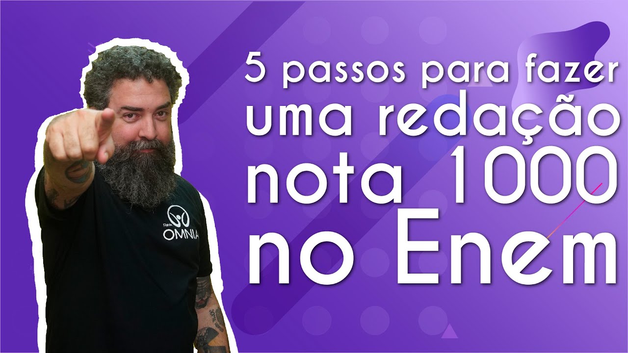 "5 passos para fazer uma redação nota 1000 no Enem" escrito sobre fundo roxo ao lado da imagem do professor