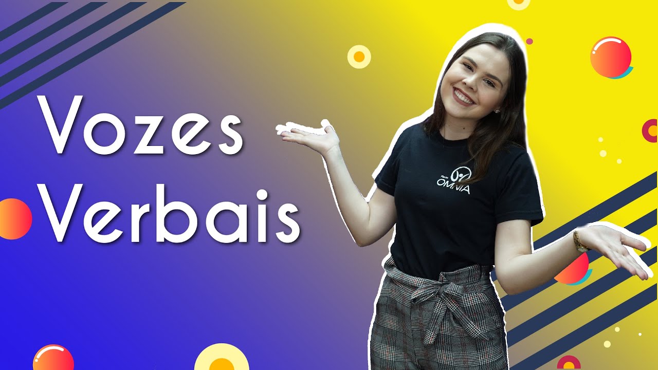 "Vozes Verbais" escrito sobre fundo colorido ao lado da imagem da professora