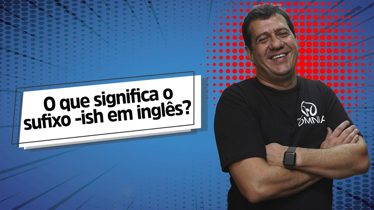 "O que significa o sufixo ish em inglês?" escrito sobre fundo azul ao lado da imagem do professor
