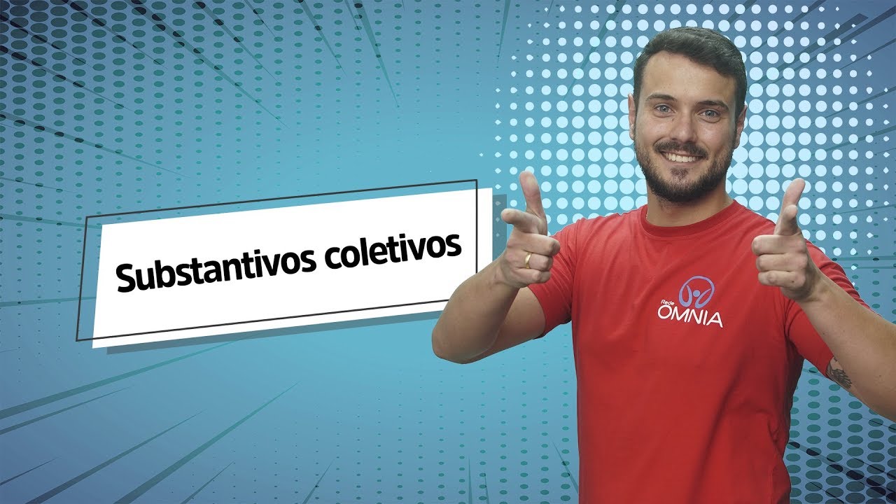 "Substantivos coletivos" escrito sobre fundo azul ao lado da imagem do professor