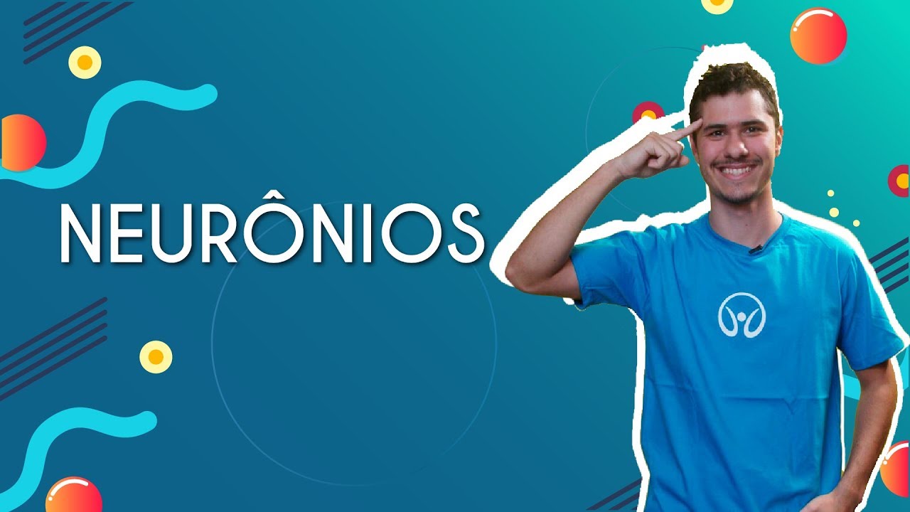"Neurônios" escrito sobre fundo azul ao lado da imagem do professor