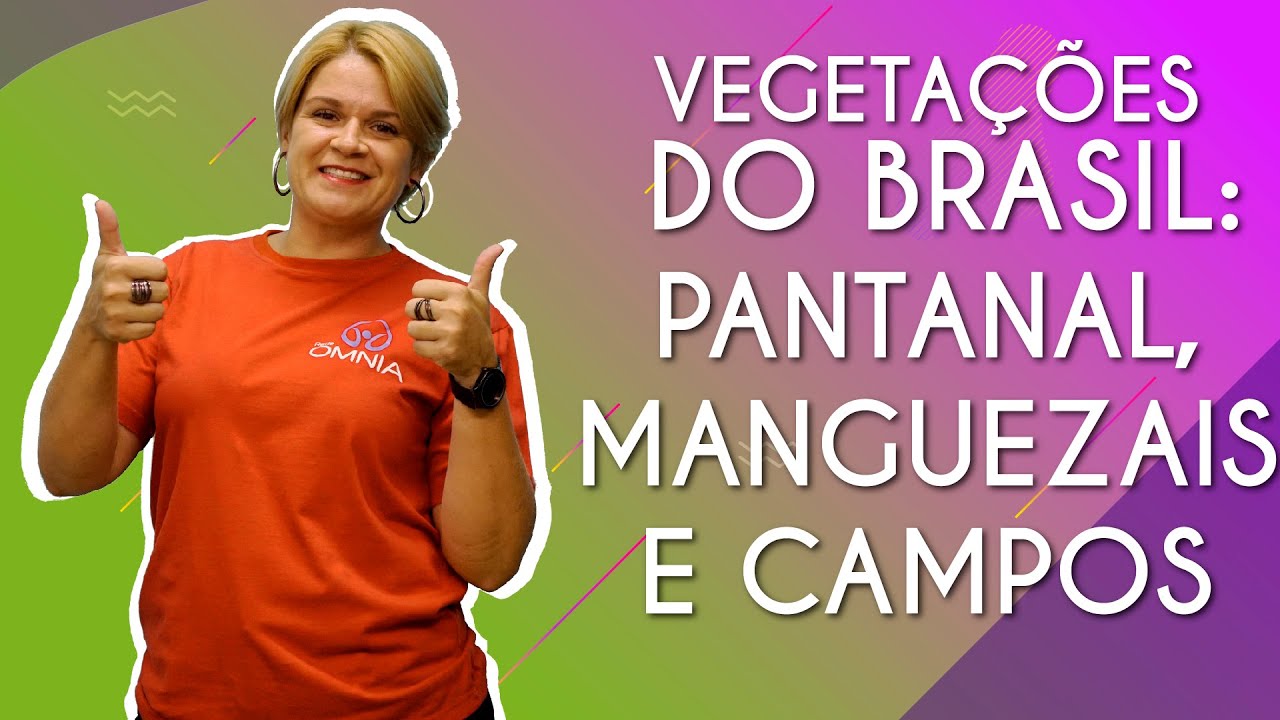 "Vegetações do Brasil: Pantanal, Manguezais e Campos" escrito sobre fundo colorido ao lado da imagem da professora