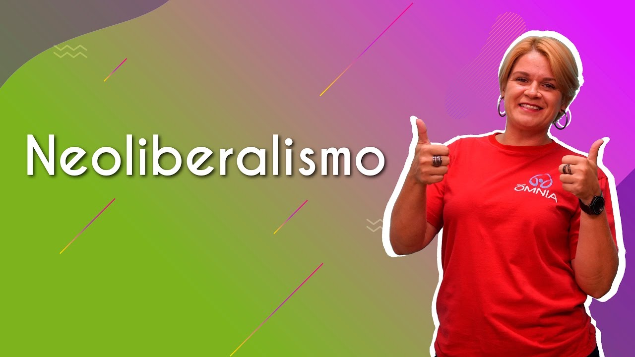 Professora ao lado do texto"Neoliberalismo: o que é, características e princípios".