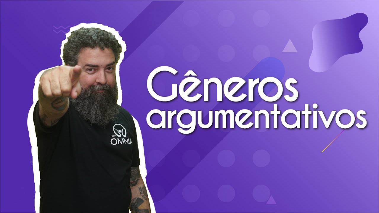 "Gêneros argumentativos" escrito sobre fundo roxo ao lado da imagem do professor