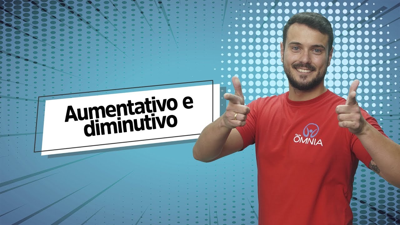 "Aumentativo e diminutivo" escrito sobre fundo azul ao lado da imagem do professor
