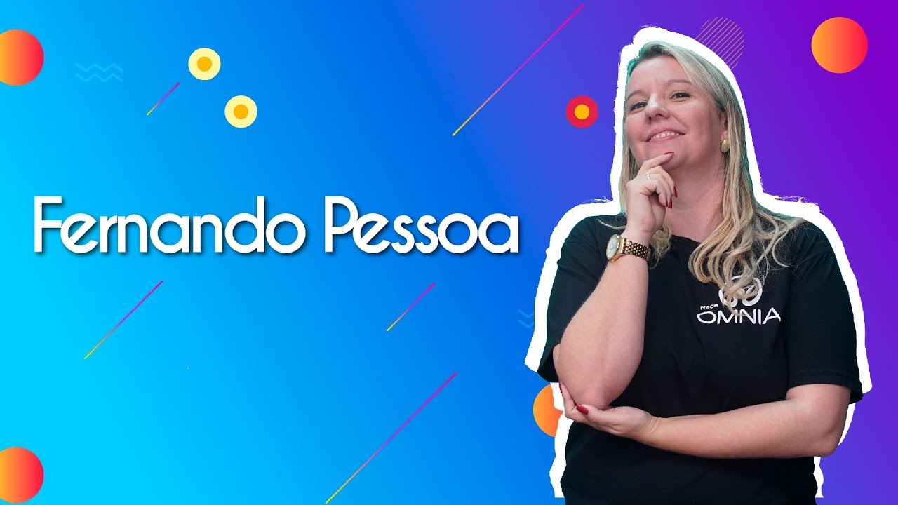 "Fernando Pessoa" escrito sobre fundo colorido ao lado da imagem da professora