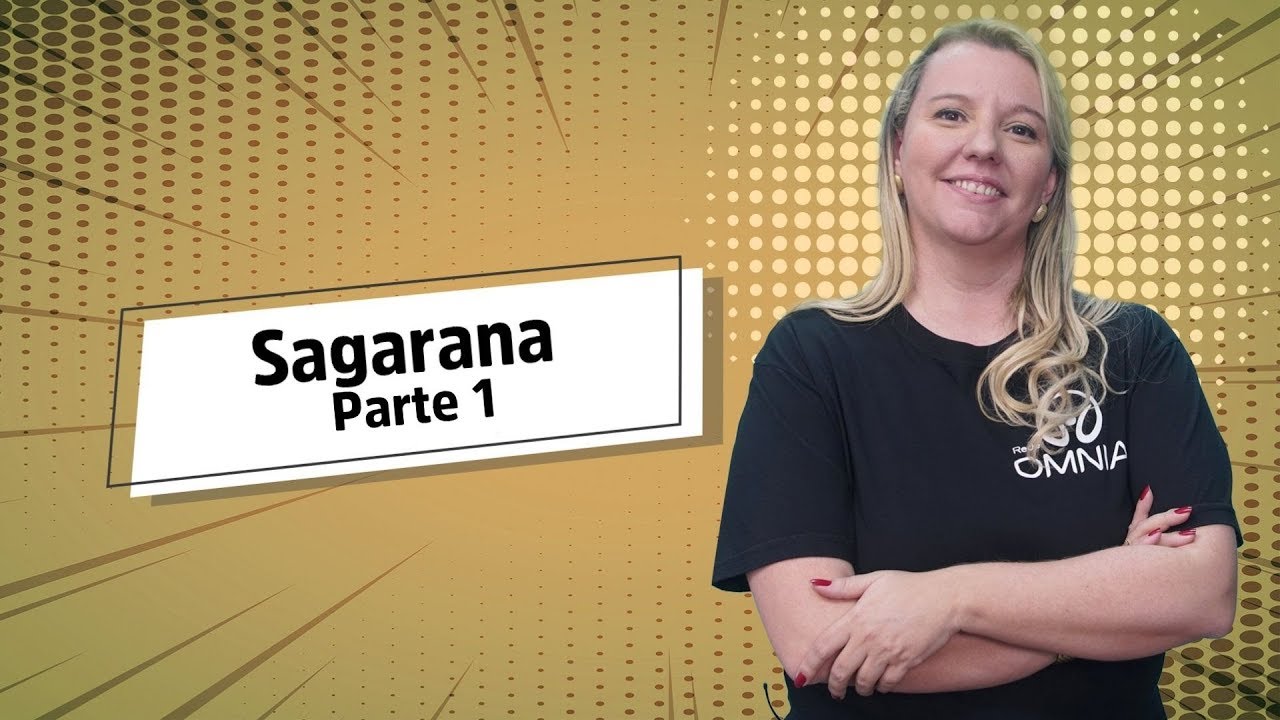 "Sagarana | Análise Literária | Parte 1 [Fuvest]" escrito sobre fundo amarelo ao lado da imagem da professora