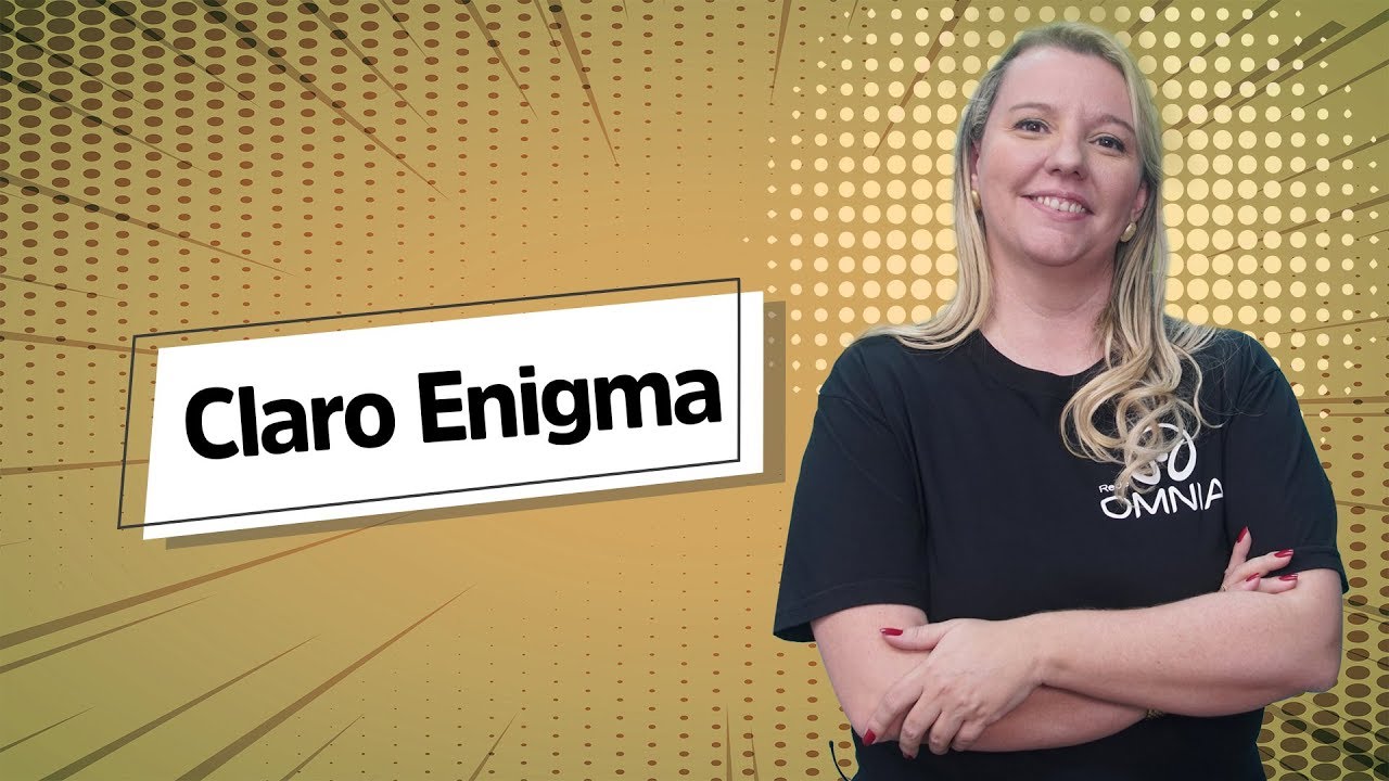 "Claro Enigma" escrito sobre fundo amarelo ao lado da imagem da professora