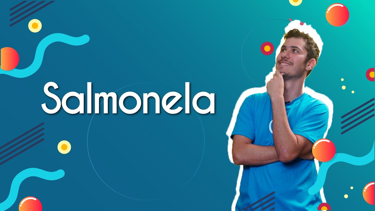 "Salmonela" escrito sobre fundo azul ao lado da imagem do professor