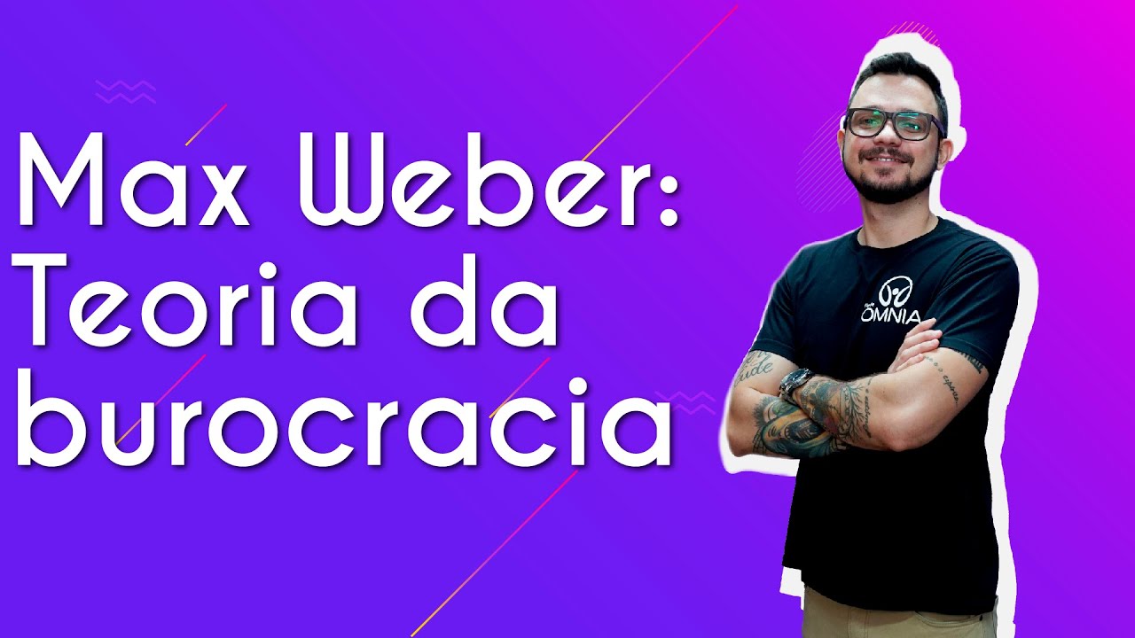 "Max Weber: Teoria da Burocracia" escrito sobre fundo roxo ao lado da imagem do professor