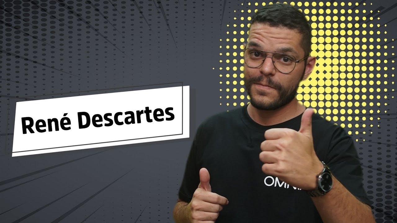 "René Descartes" escrito sobre fundo cinza ao lado da imagem do professor
