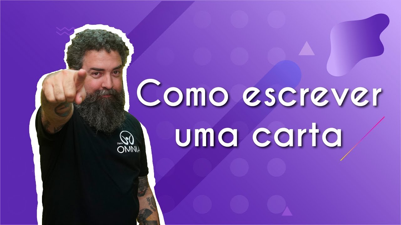 Professor ao lado do texto"Como escrever uma carta"em fundo roxo.