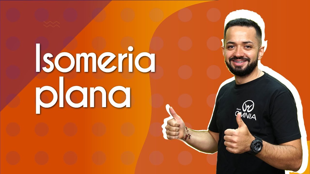 "Isomeria plana" escrito sobre fundo alaranjado ao lado da imagem do professor
