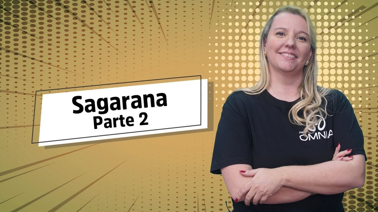 "Sagarana parte 2" escrito sobre fundo amarelo ao lado da imagem da professora