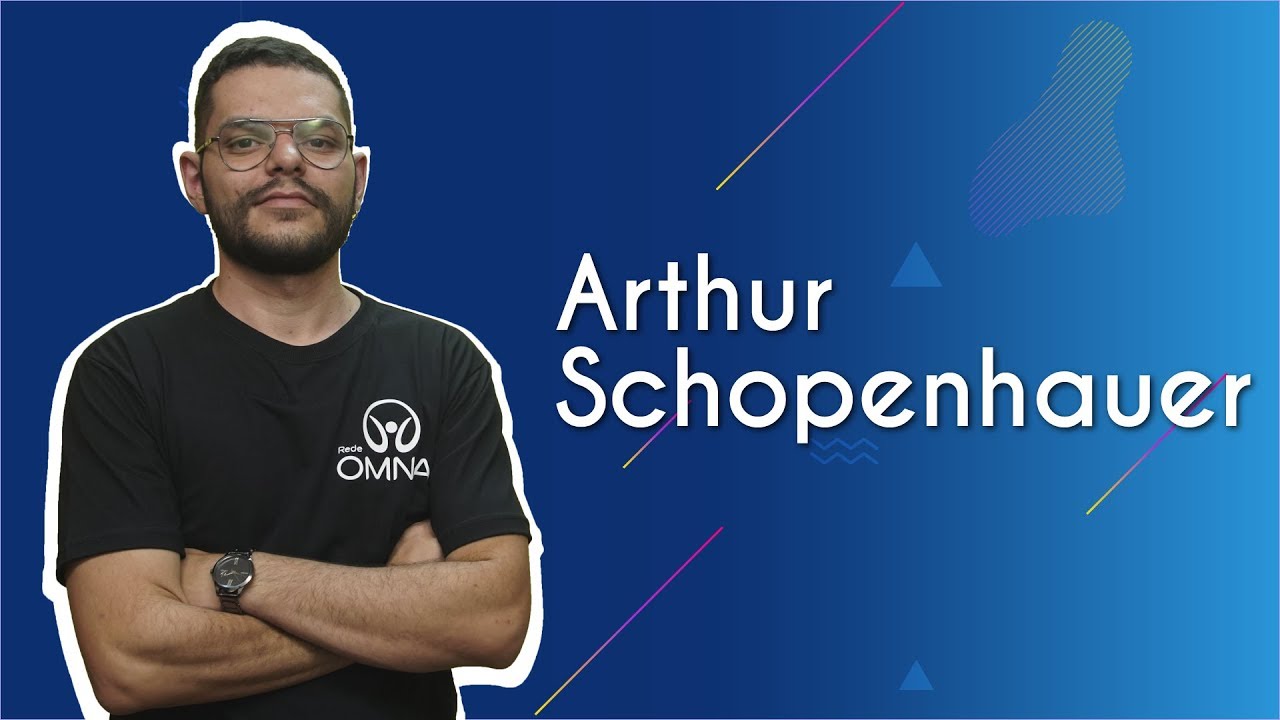 Professor ao lado do escrito "Arthur Schopenhauer" em fundo azul.