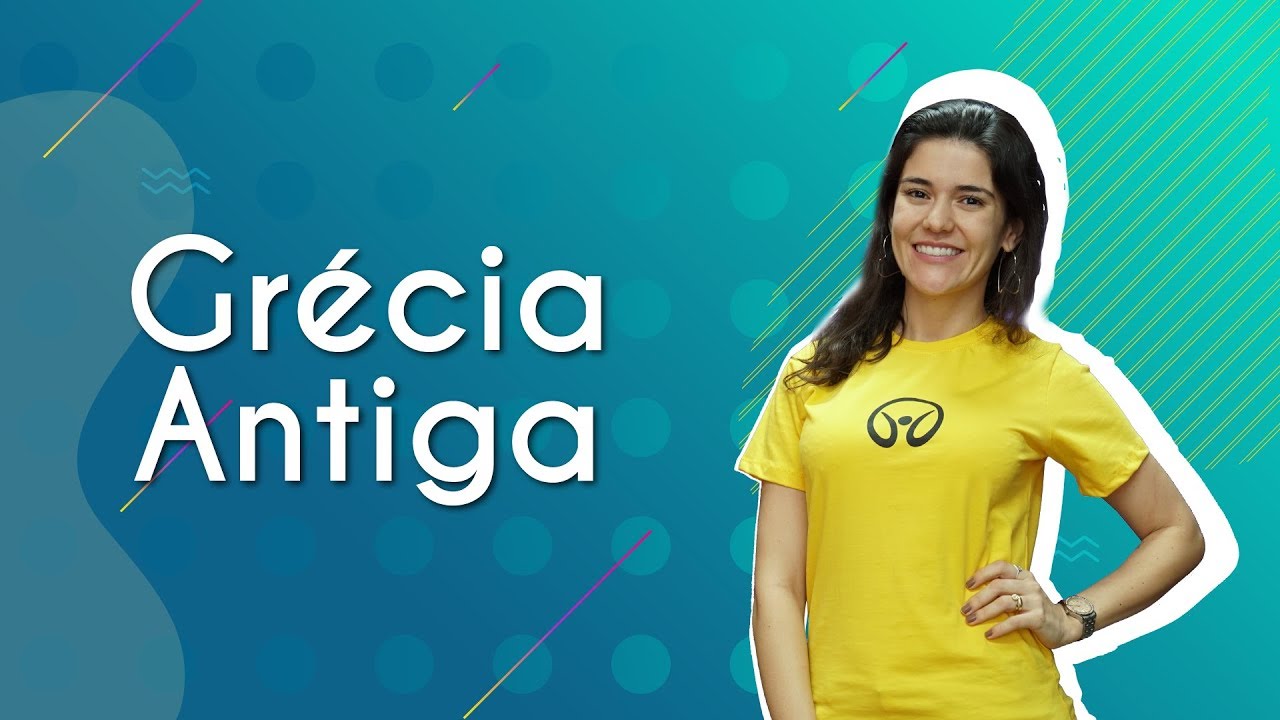 Professora ao lado do texto"Grécia Antiga".