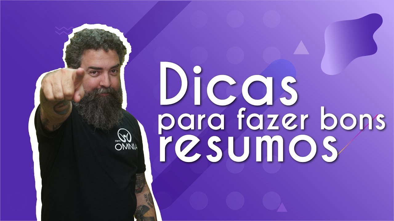 "Dicas para fazer bons resumos" escrito sobre fundo roxo ao lado da imagem do professor