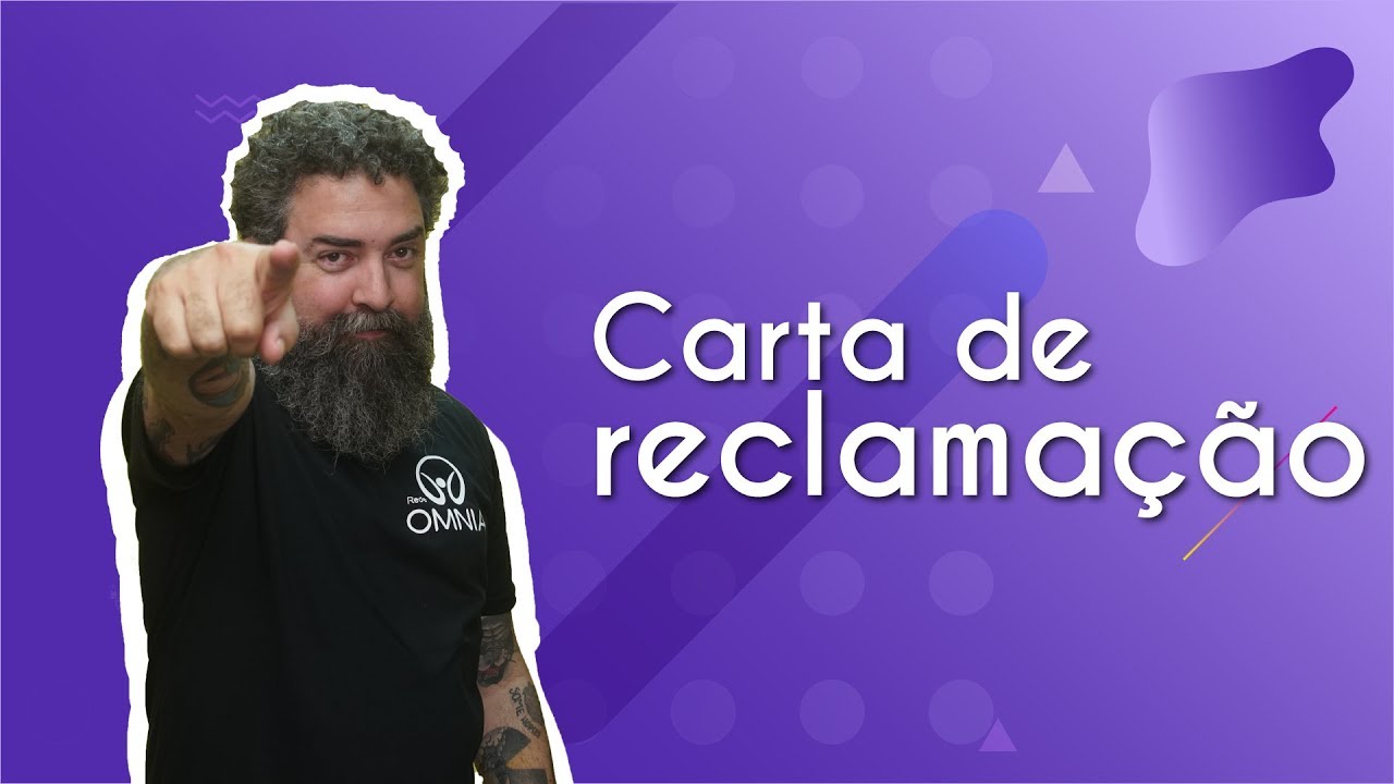 Professor ao lado do texto"Carta de reclamação"em fundo roxo.