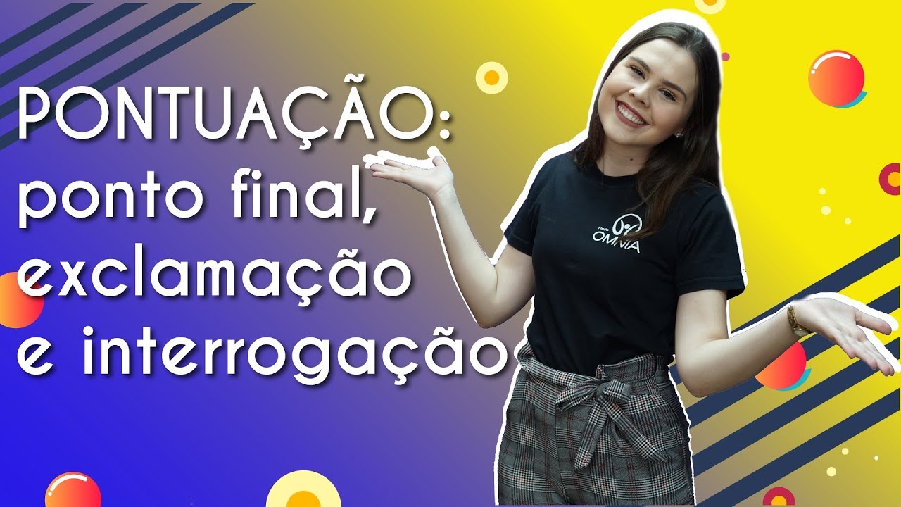 Professora ao lado do texto"Pontuação: ponto final, ponto de exclamação e interrogação".