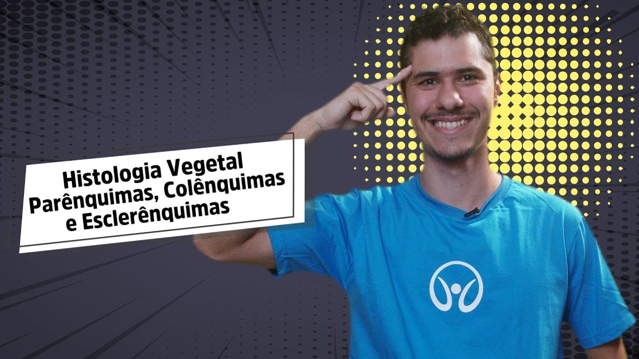 "Parênquimas, Colênquimas e Esclerênquimas Histologia Vegetal" escrito sobre fundo cinza ao lado da imagem do professor