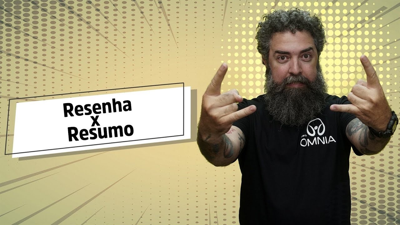 "Resenha x Resumo" escrito sobre fundo amarelo ao lado da imagem do professor