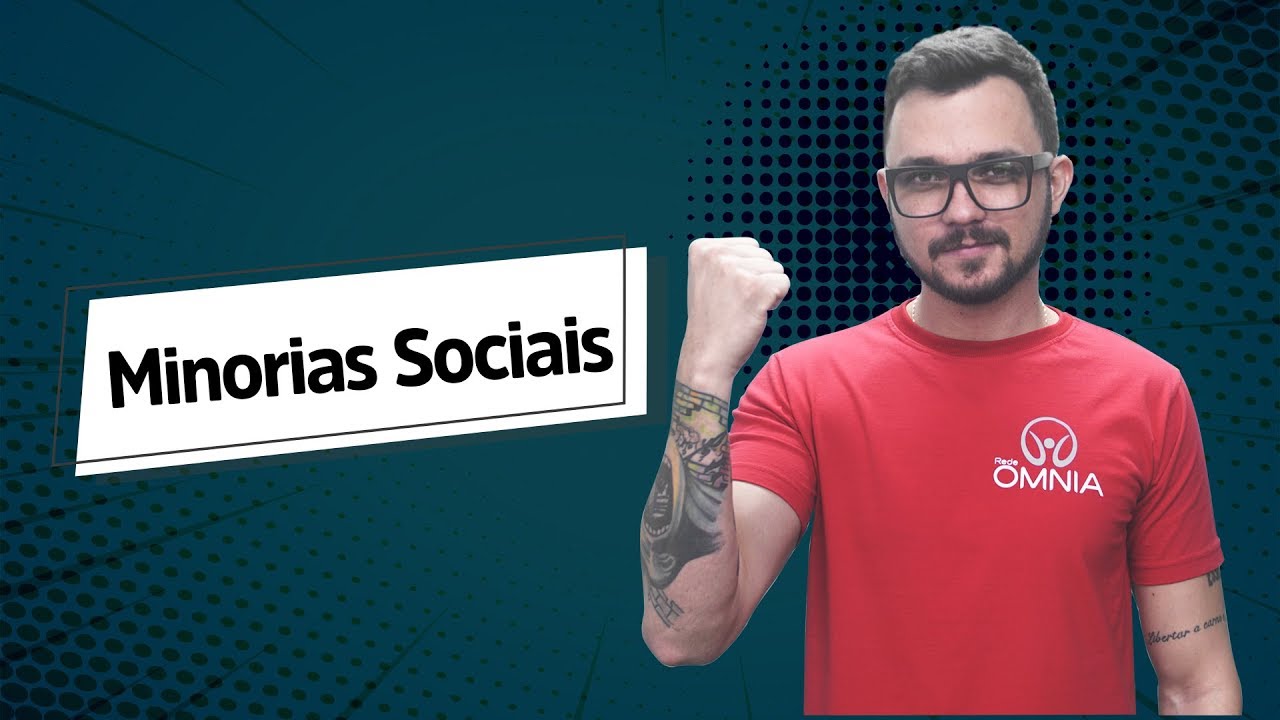 "Minorias Sociais" escrito sobre fundo verde ao lado da imagem do professor