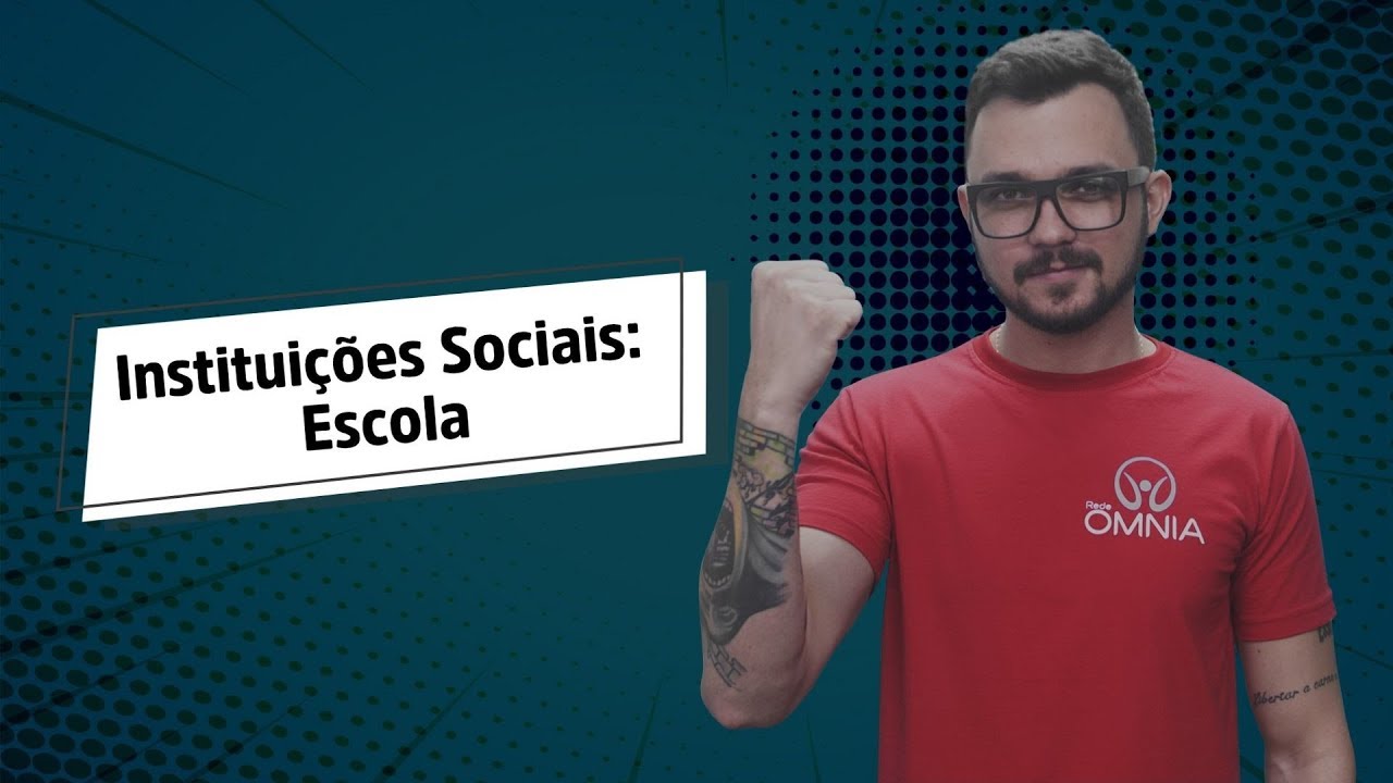 Professor ao lado do texto"Instituições Sociais: Escola".