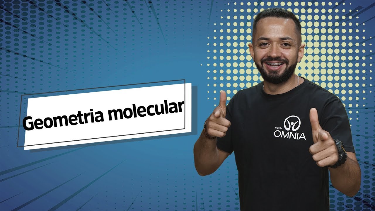 "Geometria Molecular" escrito sobre fundo azul ao lado da imagem do professor