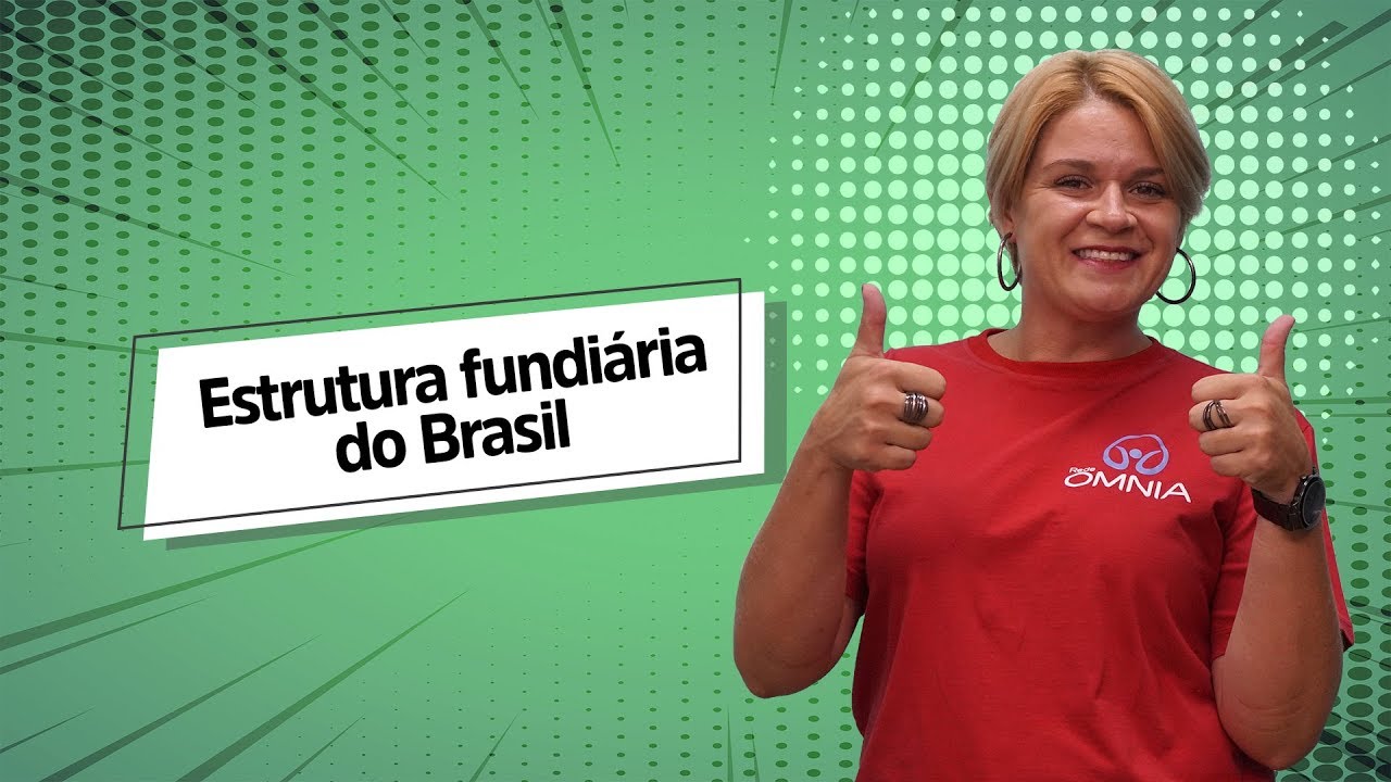 "Estrutura fundiária do Brasil" escrito sobre fundo verde ao lado da imagem do professor
