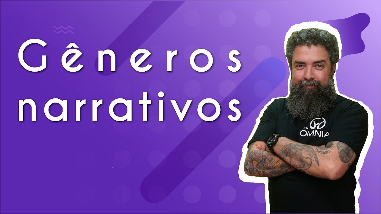 "Gêneros narrativos" escrito sobre fundo roxo ao lado da imagem do professor