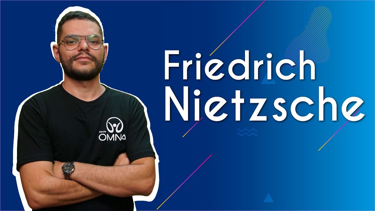 "Friedrich Nietzsche" escrito sobre fundo azul ao lado da imagem do professor