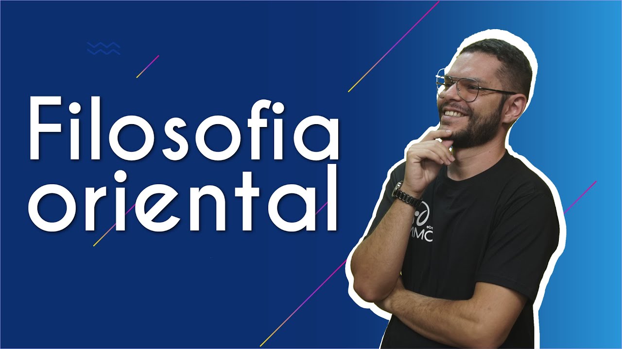 "Filosofia Oriental" escrito sobre fundo azul ao lado da imagem do professor