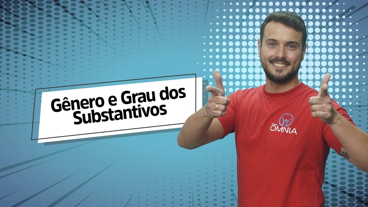 "Gênero e Grau dos Substantivos" escrito sobre fundo azul ao lado da imagem do professor