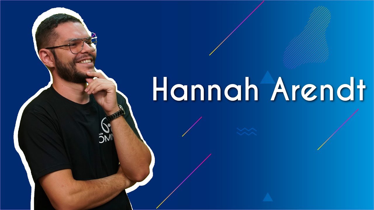 "Hannah Arendt" escrito sobre fundo azul ao lado da imagem do professor