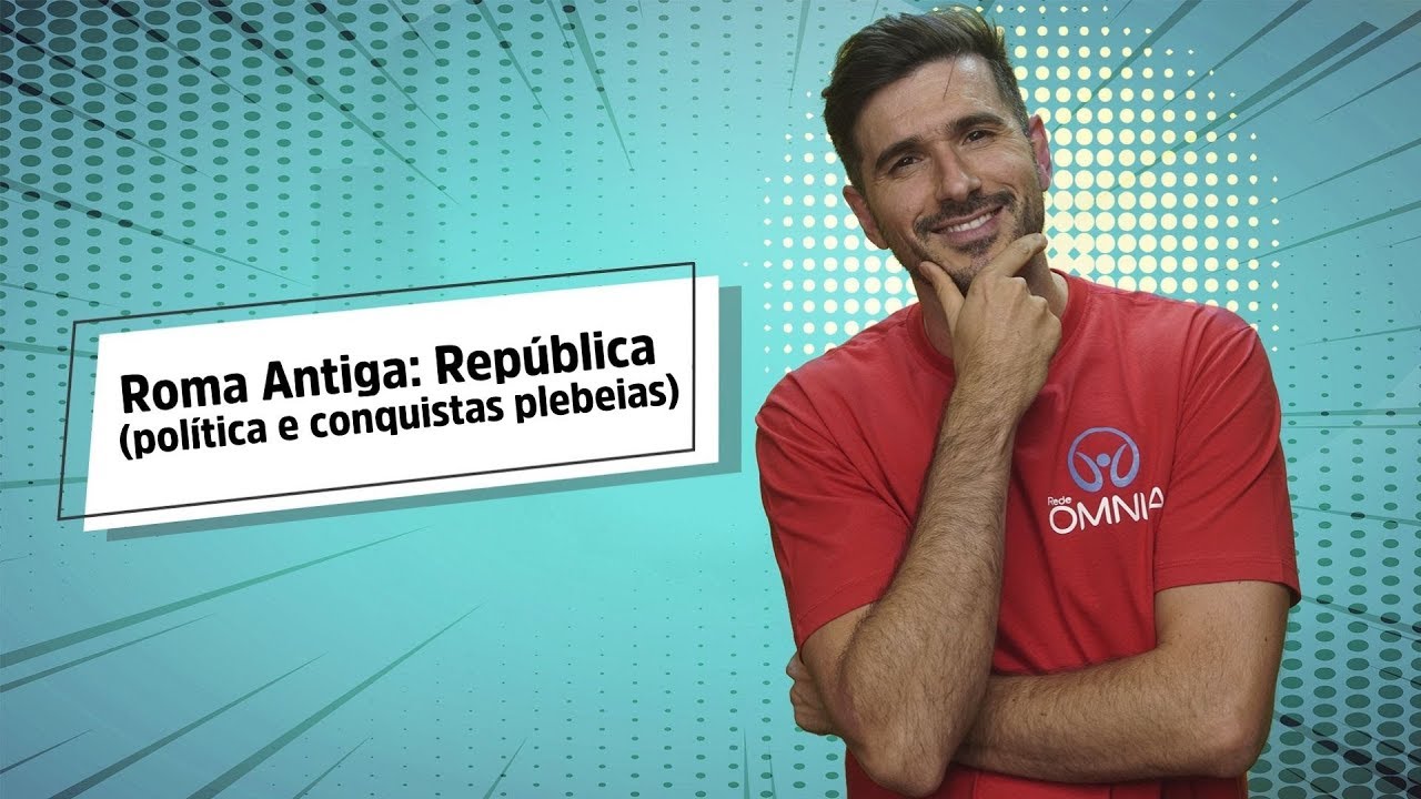"Roma Antiga: República (expansão e crise)" escrito sobre fundo azul ao lado da imagem do professor