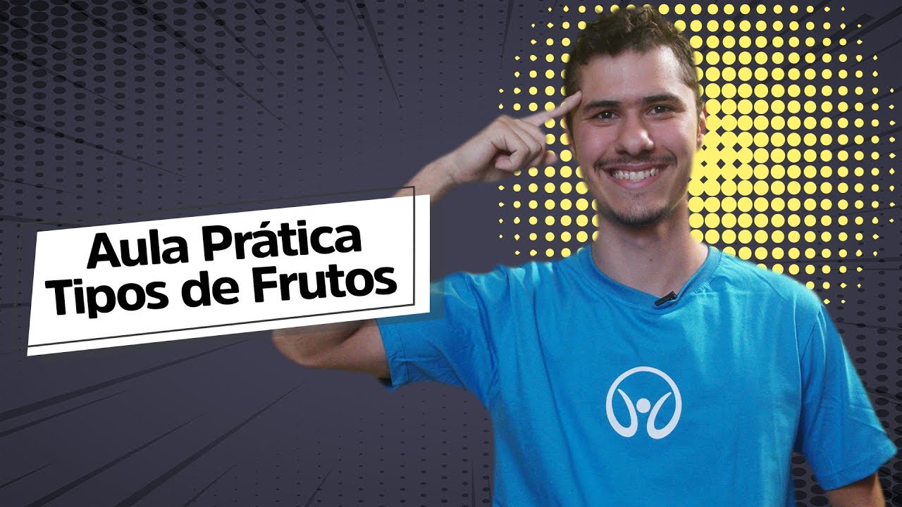 "Tipos de Frutos | Aula Prática" escrito sobre fundo cinza ao lado da imagem do professor