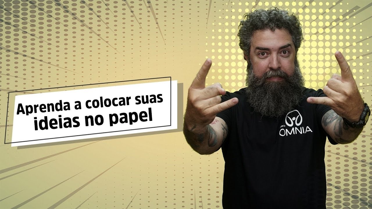 "Aprenda a colocar suas ideias no papel" escrito sobre fundo amarelo ao lado da imagem do professor