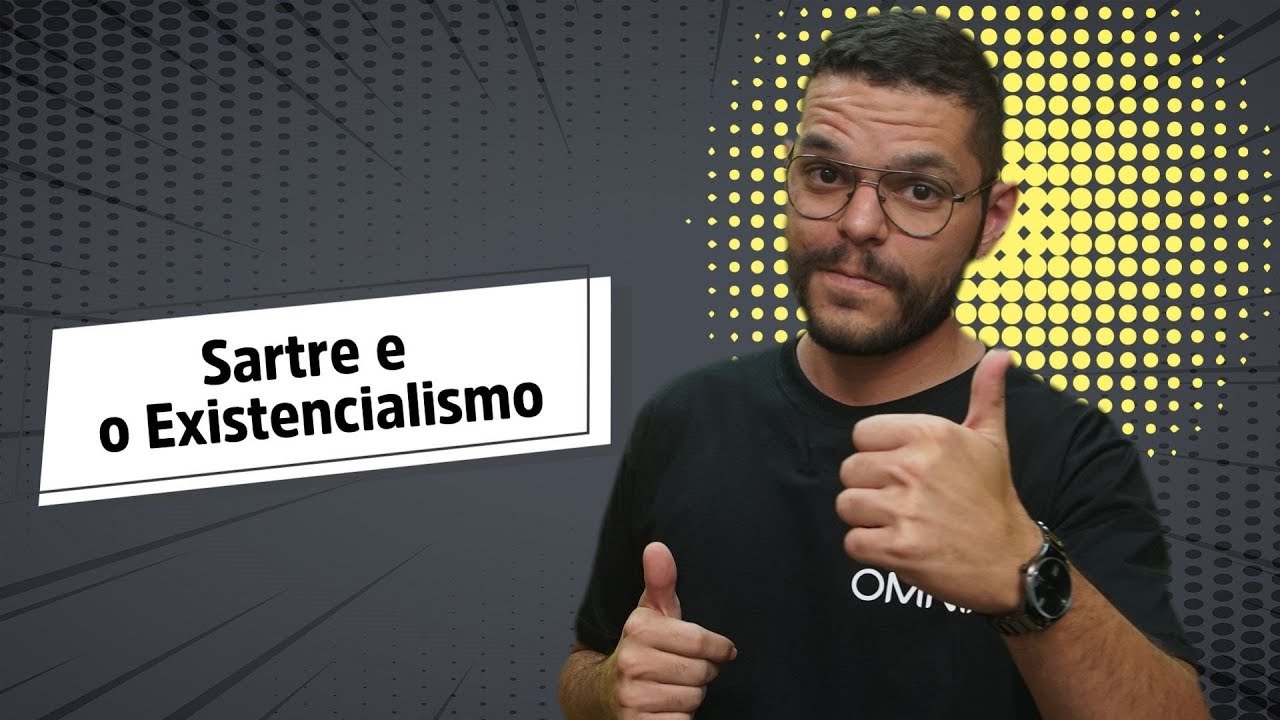 Professor ao lado do texto"Sartre e o Existencialismo".