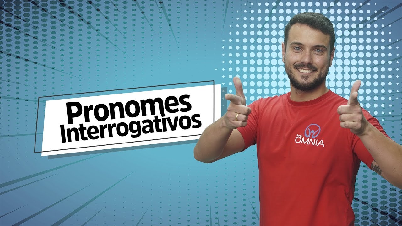 Professor ao lado do escrito "Pronomes Interrogativos " em fundo azul.